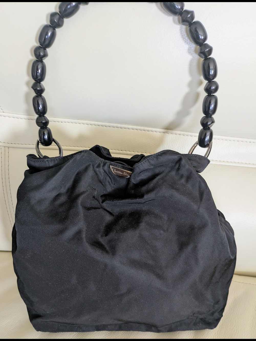 Christian Dior By John Galliano Maris Pearl Beaded-Handle Nylon Hobo Handbag